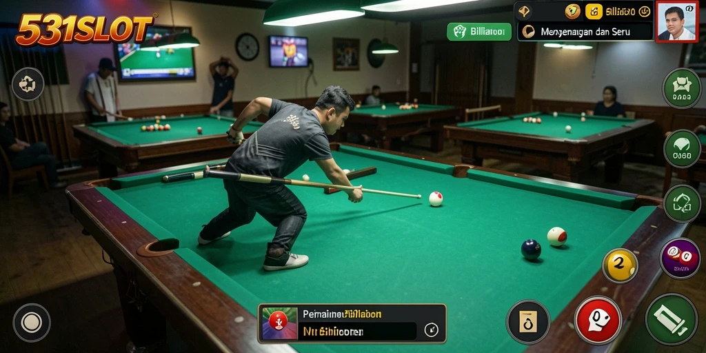 Tampilan antarmuka permainan Billiard yang memukau dan interaktif.