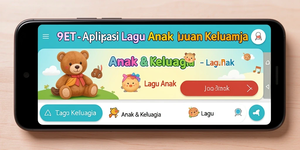 Antarmuka aplikasi 9ET dengan lagu anak yang ceria.