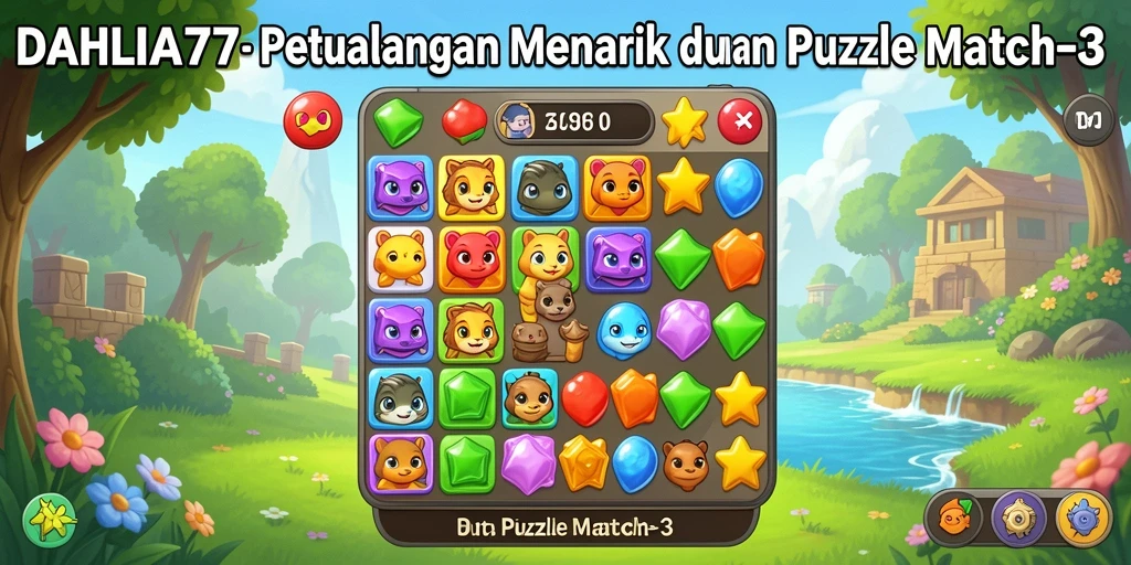 Screenshot DAHLIA77 menampilkan antarmuka seru game Puzzle Match-3.