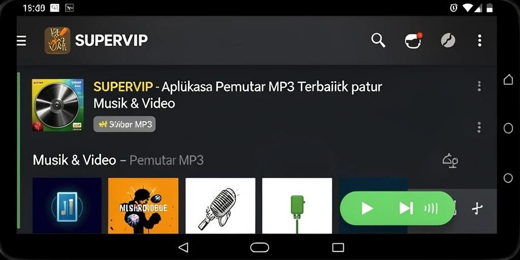 Tampilan antarmuka pemutar MP3 SUPERVIP yang menarik dan fungsional.
