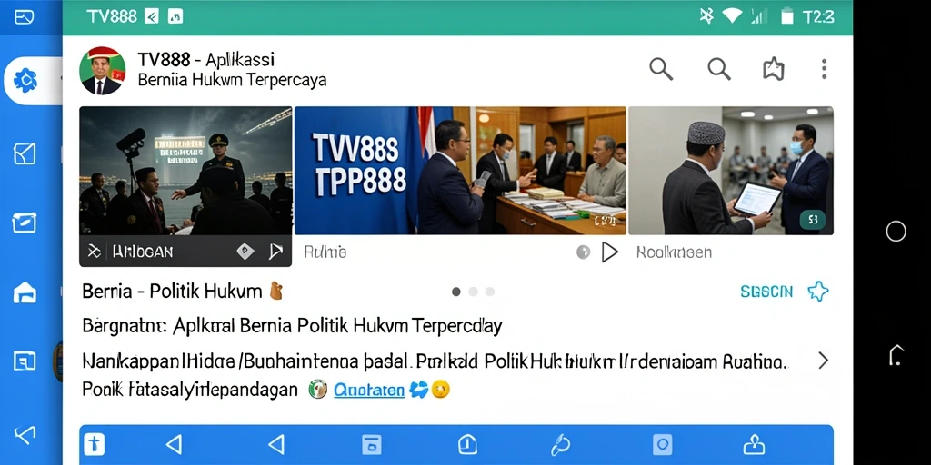 Antarmuka depan aplikasi TV888 menampilkan berita politik dan hukum terkini.