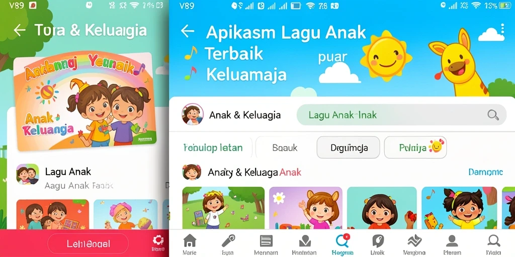 Tampilan antarmuka aplikasi V89 dengan lagu anak yang ceria.